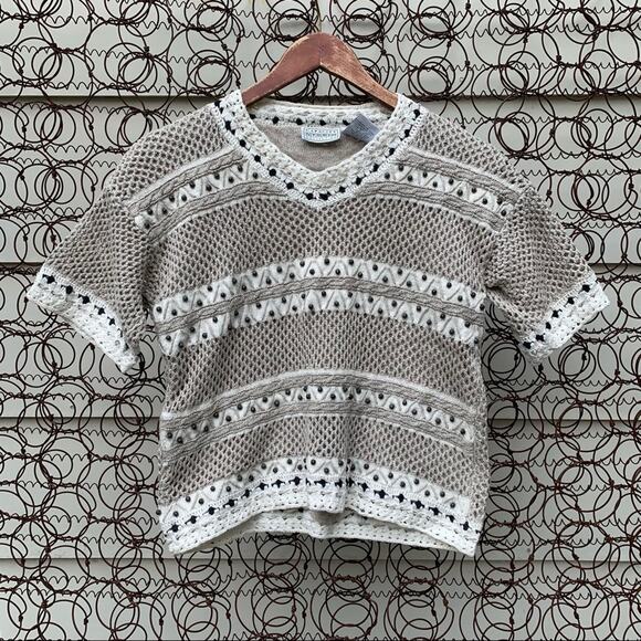 Vintage 90s knit crochet short sleeve linen blouse - Picture 1 of 4